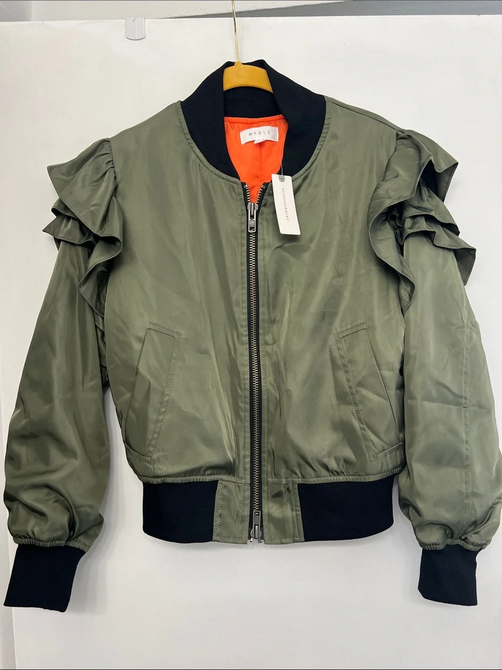 MABLE Anthropology Olive Bomber Jacket with Black Trim and Orange Lining Jacket - Picture 6 of 10